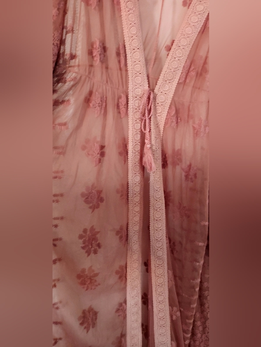 VENUS Sheer Lace-Trim Kimono in Coral Pink - Picture 4 of 4